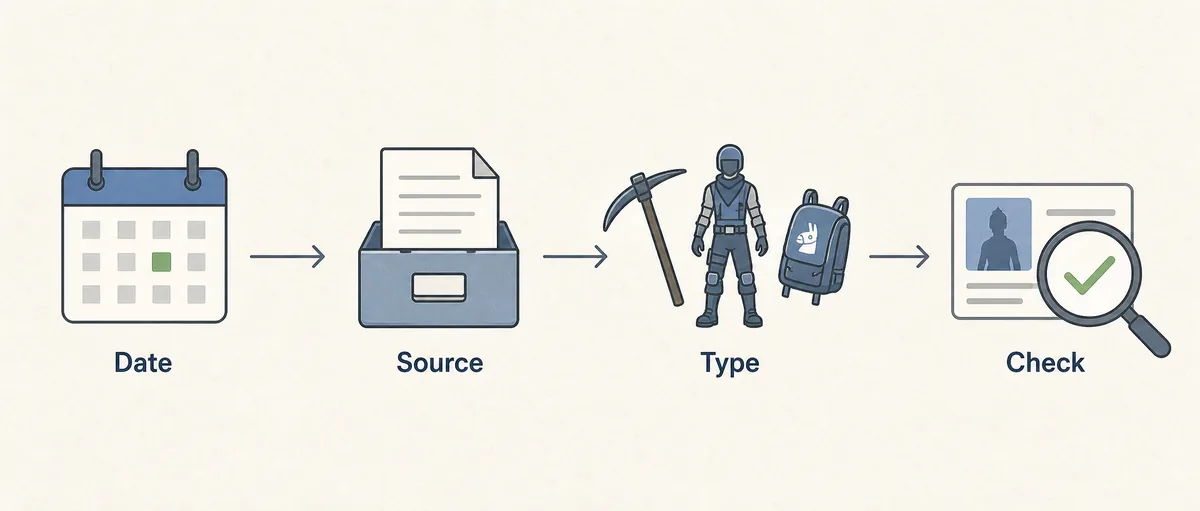 Four-step editorial graphic for checking a 2018 Fortnite Item Shop archive