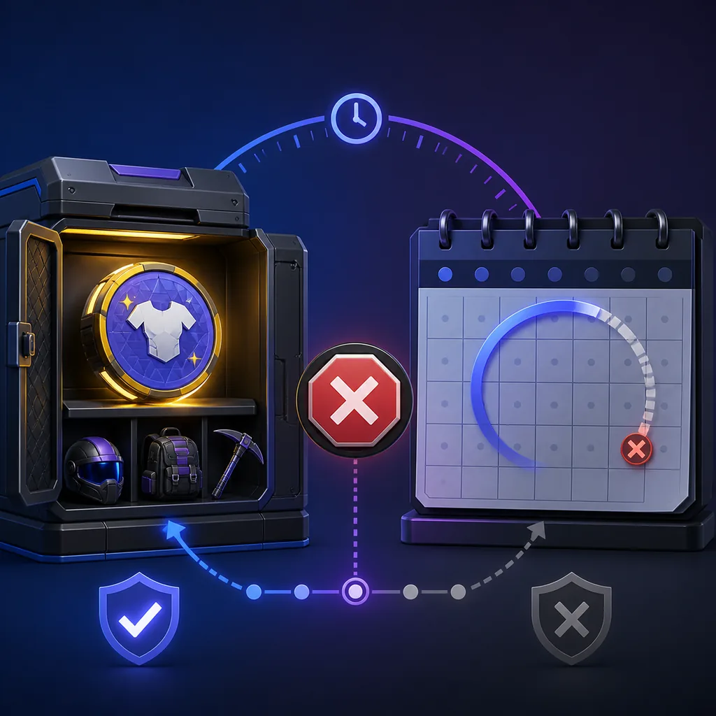 Editorial illustration showing claimed Fortnite cosmetics kept while a future subscription renewal stops