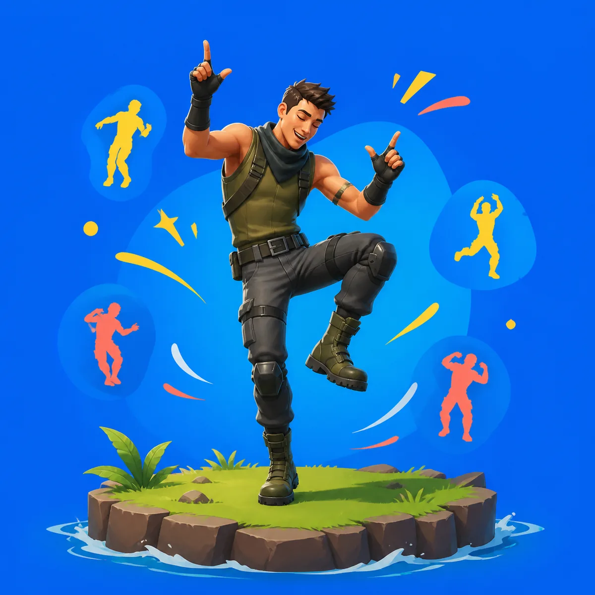 Editorial illustration of a generic Fortnite-inspired character performing an emote with colorful dance silhouettes