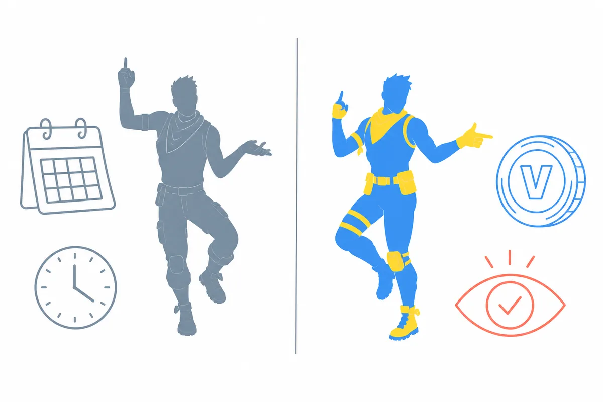 Editorial comparison of an old Fortnite emote return gap and current shop availability verification