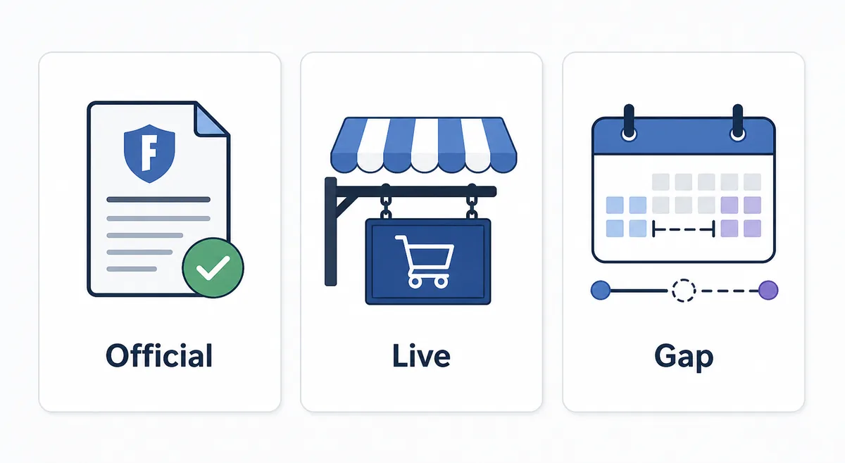 Comparison graphic showing official, live, and return-gap evidence for Fortnite shop history