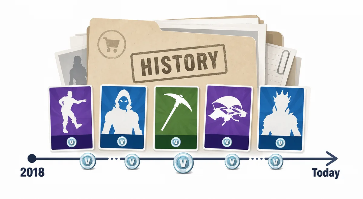 Editorial timeline illustration showing Fortnite Item Shop history from 2018 to today