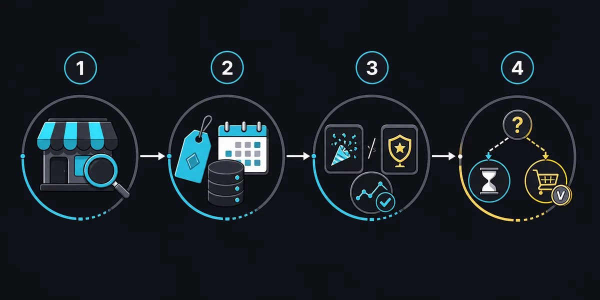 Four-step editorial flow for checking a Fortnite skin return date before spending V-Bucks
