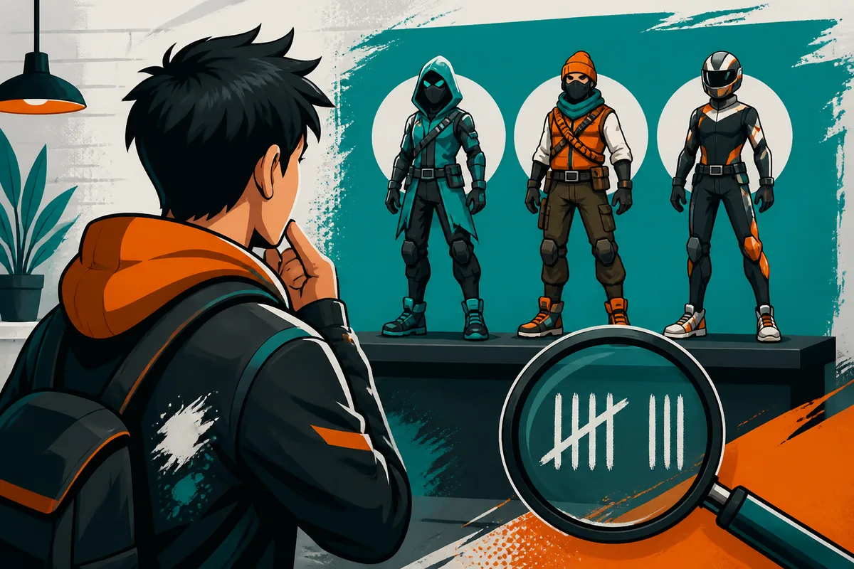 Editorial illustration of a player checking a small Fortnite outfit collection with a visual tally