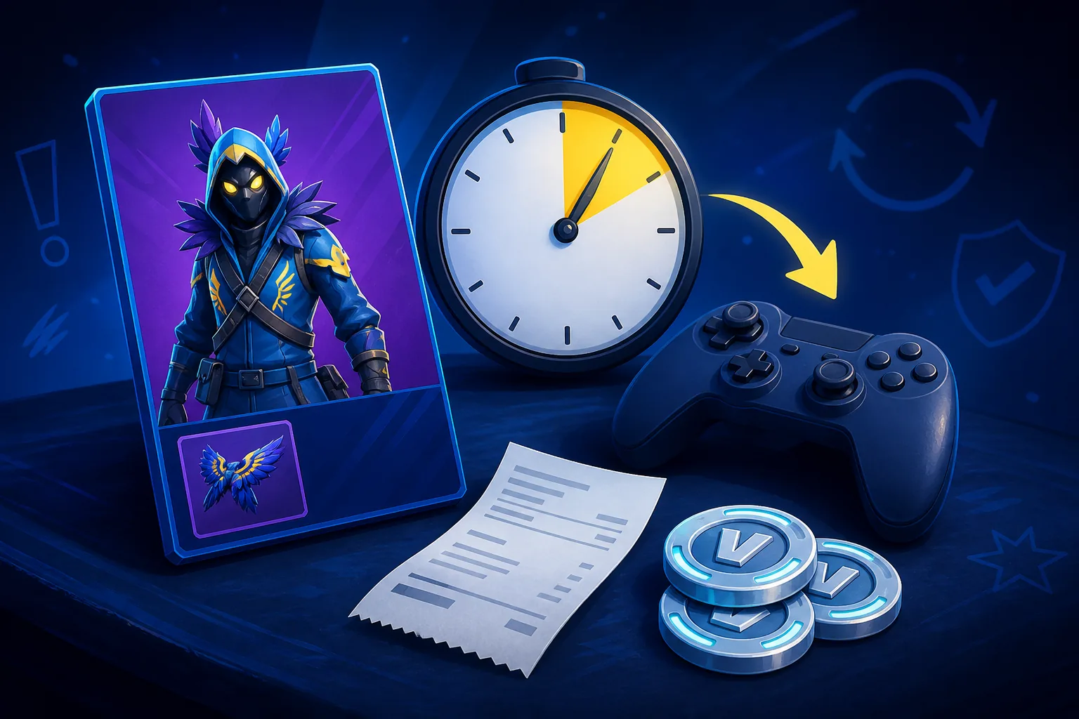 Concept illustration of a Fortnite cosmetic card, controller, receipt, and short cancellation clock