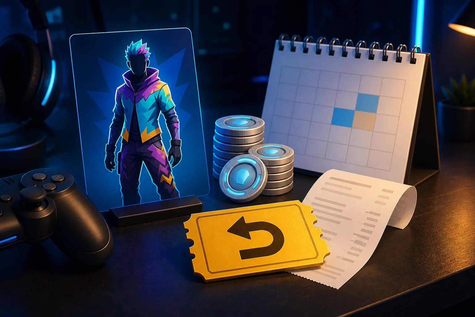 Concept illustration of a Fortnite cosmetic card, V-Bucks-style coins, calendar, receipt, and return ticket