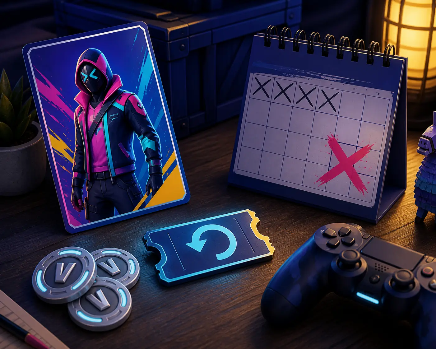 Concept illustration of a cosmetic card, return ticket token, calendar, and controller for eligibility checking