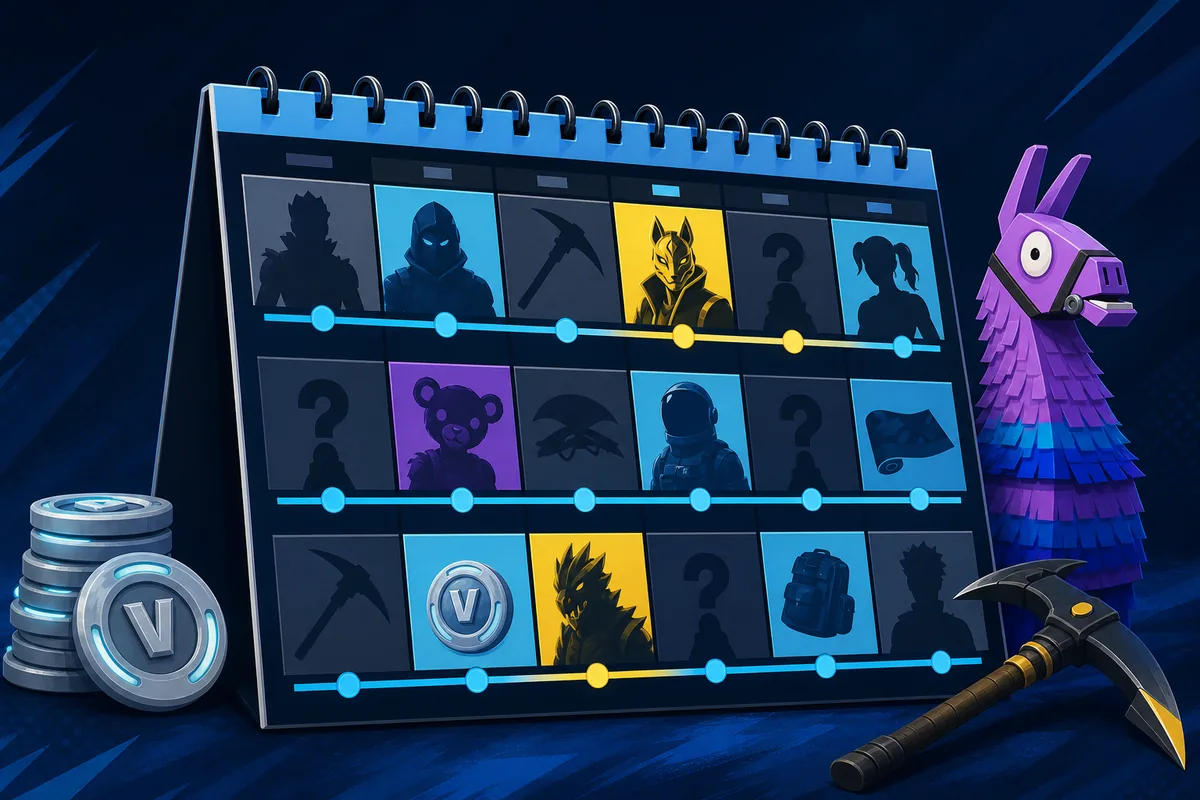 Editorial calendar illustration showing Fortnite-style cosmetics, return gaps, and V-Bucks signals