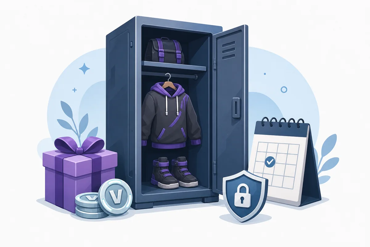 Editorial illustration of a game locker, gift box, calendar, V-Bucks symbols, and security shield for safe free Fortnite reward checks