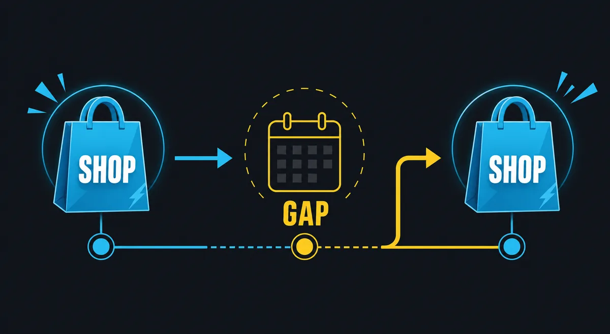 Timeline illustration showing a Fortnite item shop return gap