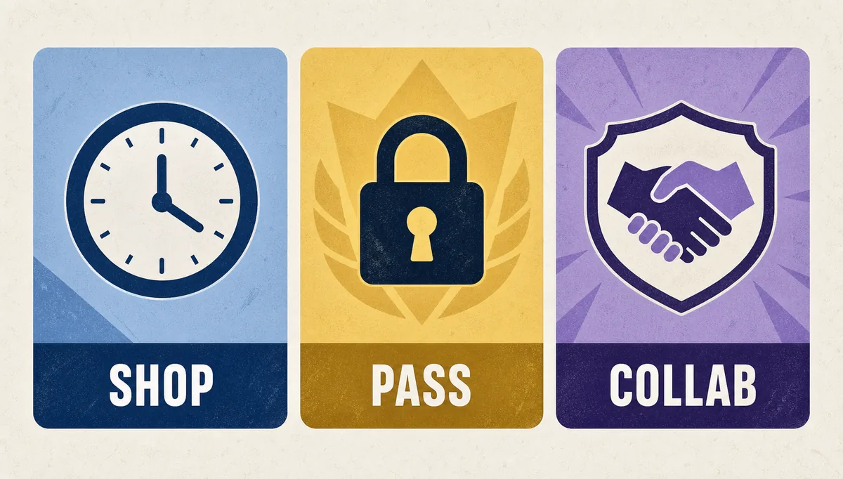 Comparison graphic for shop, pass, and collaboration rarity signals
