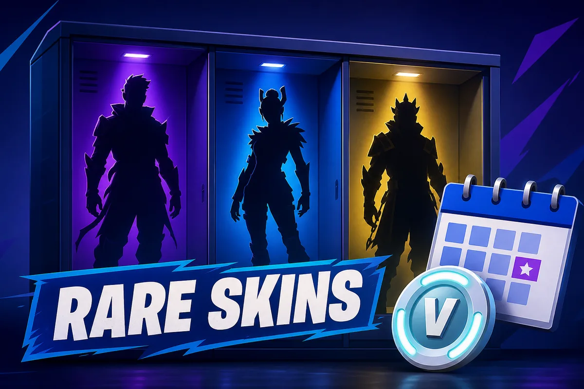 Editorial illustration of rare Fortnite skins in a locker with a calendar and V-Bucks symbol