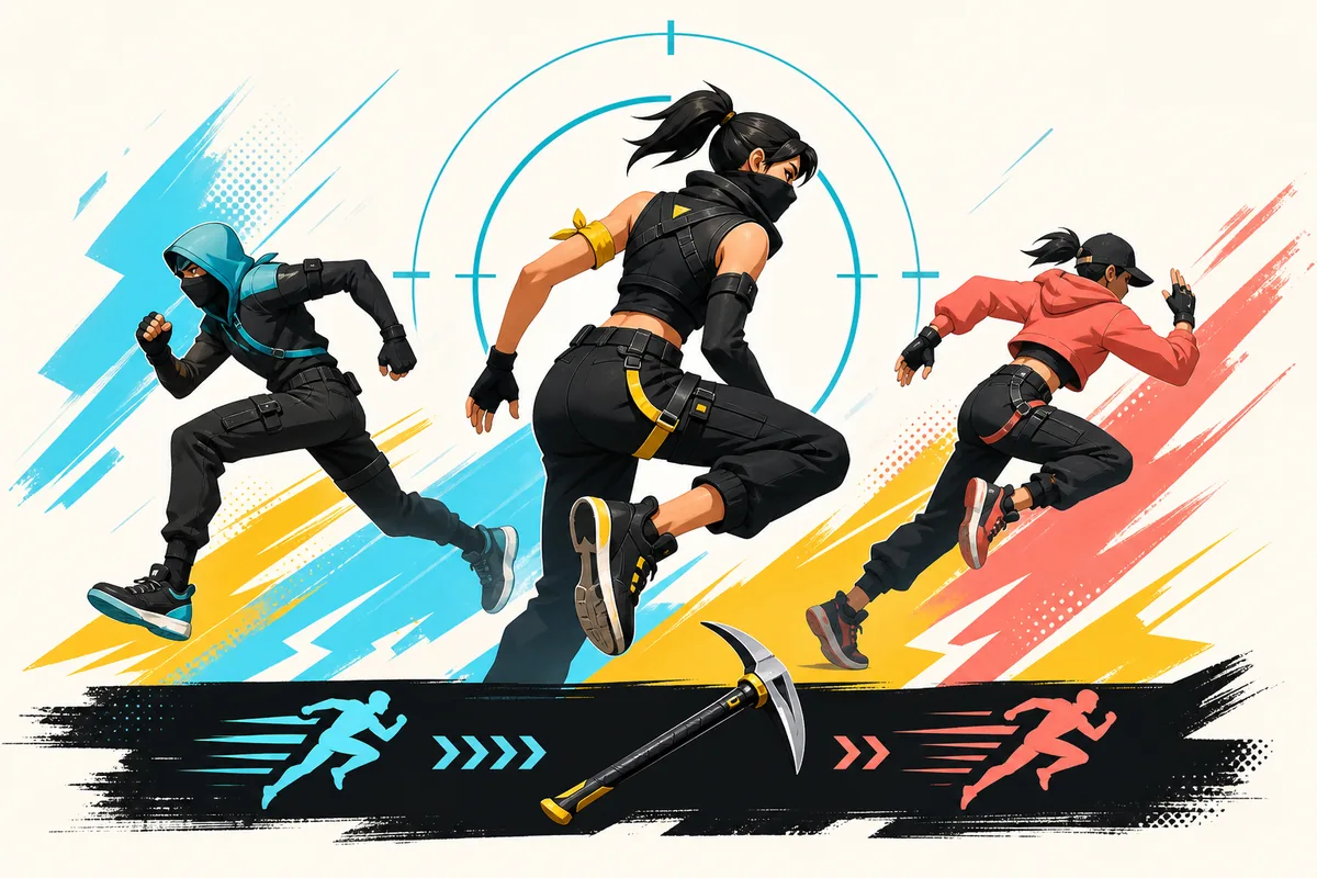 Editorial illustration of three agile battle royale outfit silhouettes and a pickaxe for a sweaty Fortnite skins guide